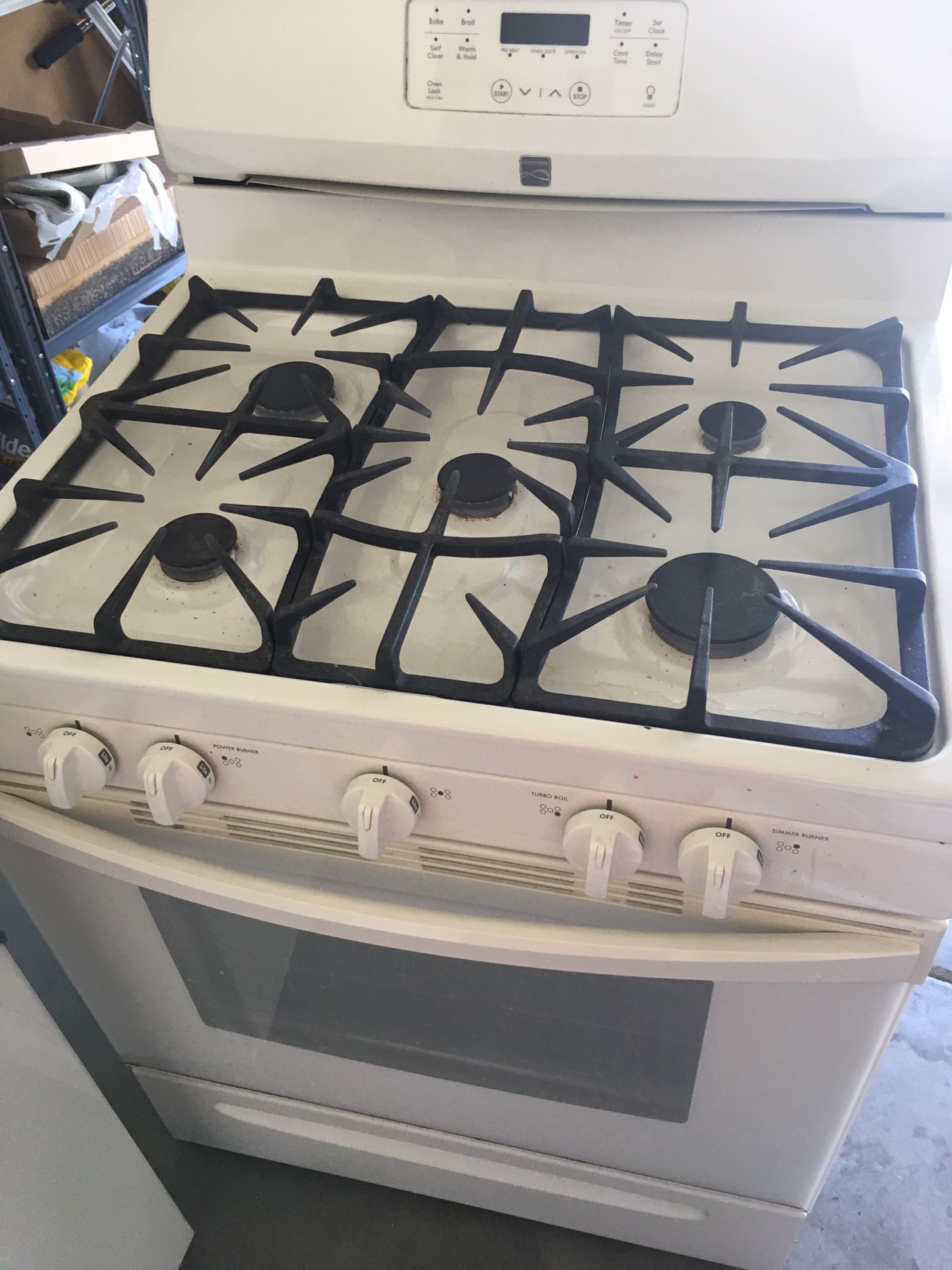 Kenmore Gas Stove / Range 5-burner Offwhite. Must be able to pick it up from our house garage.
