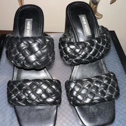 Ninew West Nessi3 Light Black Squared Open Toe Slip On Braided Wedge Sandals