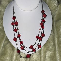 Vintage Red Beaded & Crystal Adjustable Necklace. 20"