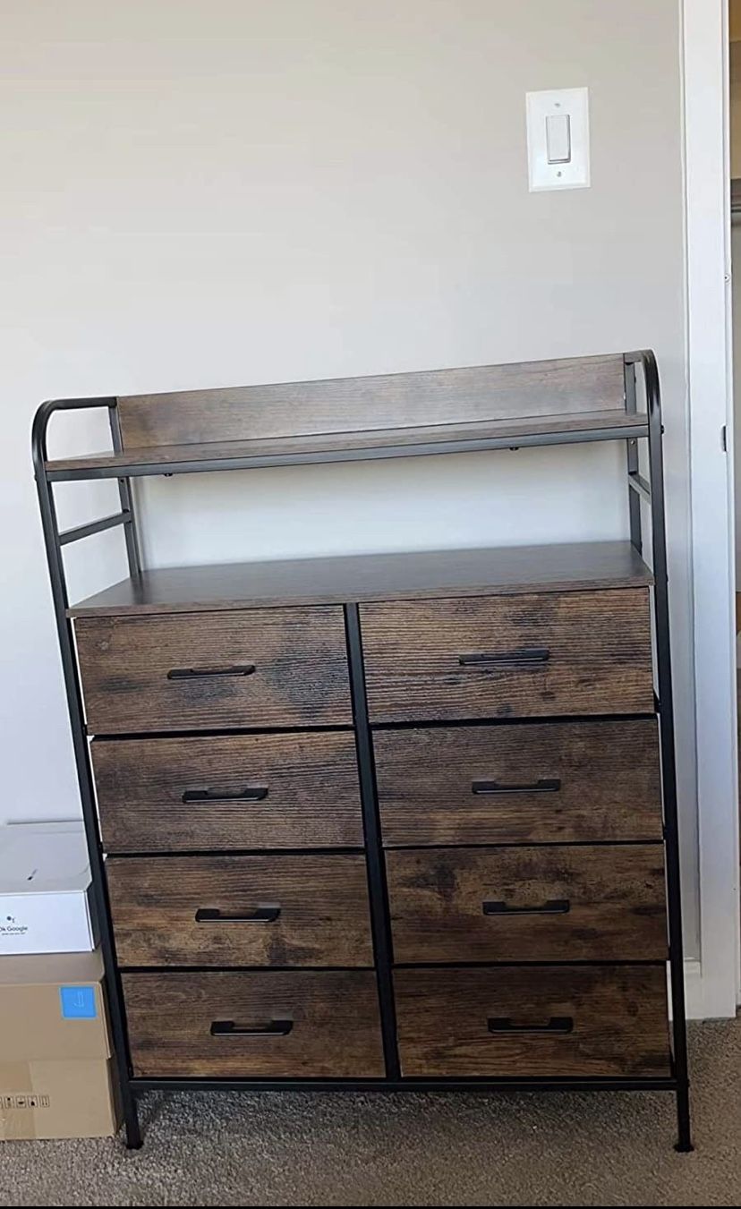 Dresser 8 Drawers with Double Shelf, Tall Storage Organizer Unit for Bedroom/Living Room/Entryway,