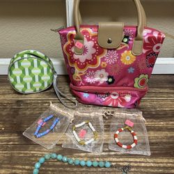 Girls Gifts! Lunch Bag, Makeup Bag, Bracelets - All NEW. Necklace Gently Used