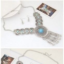 Ladies Turquoise Bib And Earrings Vintage Design Jewelry Set Ethnic Western Style