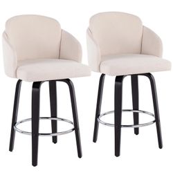 LumiSource Black Wood, Cream Fabric, Chrome, Gold Metal Dahlia Counter Stool - Set of 2 (Seat Height 26”)
