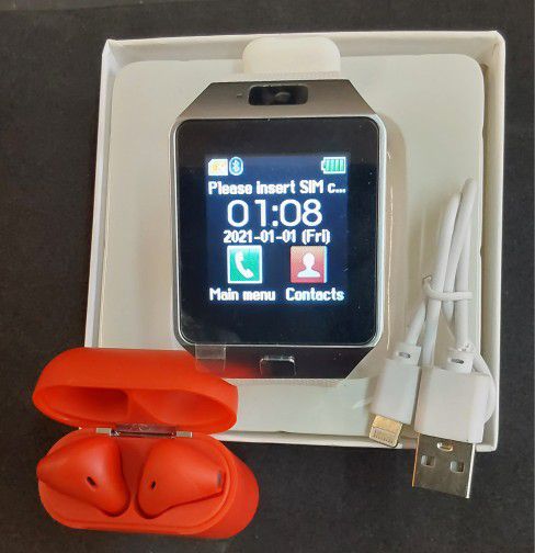 D-Series White Smart Watch  + 5.0 Red Wireless Earbuds 