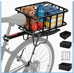 Rear Bike Rack with Basket & Mudguard, 130 LB Capacity Removable Adjustable Bike Basket Rear,Aluminum Alloy Bike Cargo Rack for Most Bikes and E-Bike 