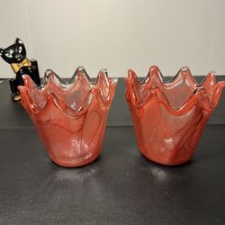 Antonio Tammaro Italy 2000s 2 Murano Style Red Swirl Art Glass Candle Holders, 5x5.5”