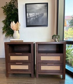 Modern Walnut Rattan Cane Nightstands Set of 2