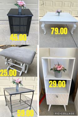 End tables, coffee table, foot glider and vintage wood shelf