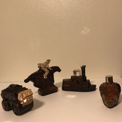 4 Vintage Dark Brown Empty Avon Bottles- Cowboy, SteamBoat, Stagecoach & Indian