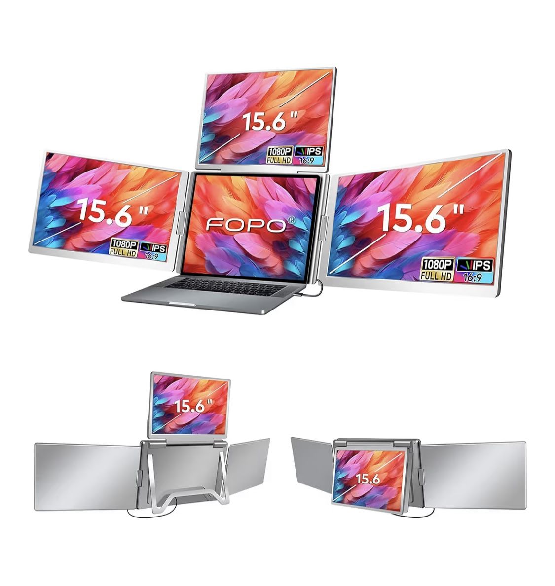 FOPO 15.6" Laptop Screen Extender Monitor Portable, Quad Monitor, Just 1 Cable for 3 Screens, FHD 1080P IPS Laptop Extender Compatible with Wins/Mac f