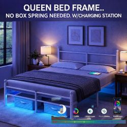 Queen Size Metal Platform Bed with LED Lights, Charging Station, No Box Spring Needed, White
