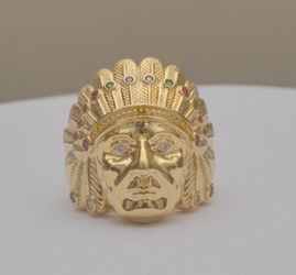 Handmade 10K Yellow Gold Men’s Indian Chief Head Ring Size 11