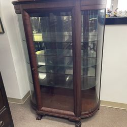 Antique Walnut Curio cabinet, Beautiful Curved Glass, Ball Claw legs