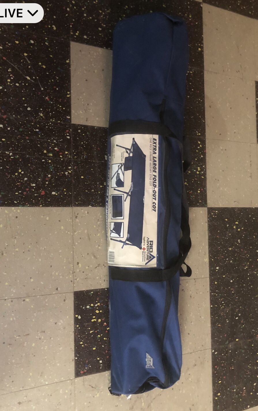 RIO Adventure One Piece Folding Camp Cot, Navy bed, Carrying case, Preowned