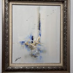 Abstract Blue and Gold Painting with Ornate Frame 27X31 by Ashton III