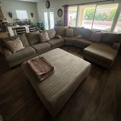 Large Brown Corduroy L Shaped Sectional Couch 
