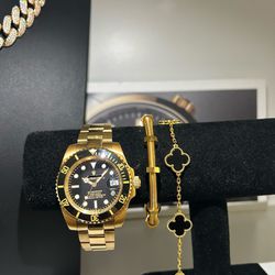Luxury Set 🔒 Men Watches 🔝 Clover Bracelet ☘️ Screw Bracelet ⚙️ Icedout Cuban Chain ⛓️💎 Relojes Para Hombre 