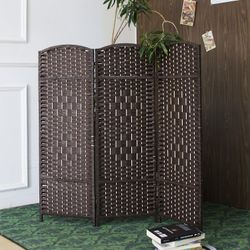 3 Panel Dark Brown Rattan Room Divider, 47.2"