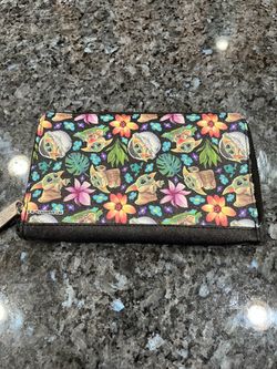 Star Wars Wallet, Zip Around, Star Wars The Child Poses and Floral Collage Black Multi, Vegan Leather.  Brand new never used
