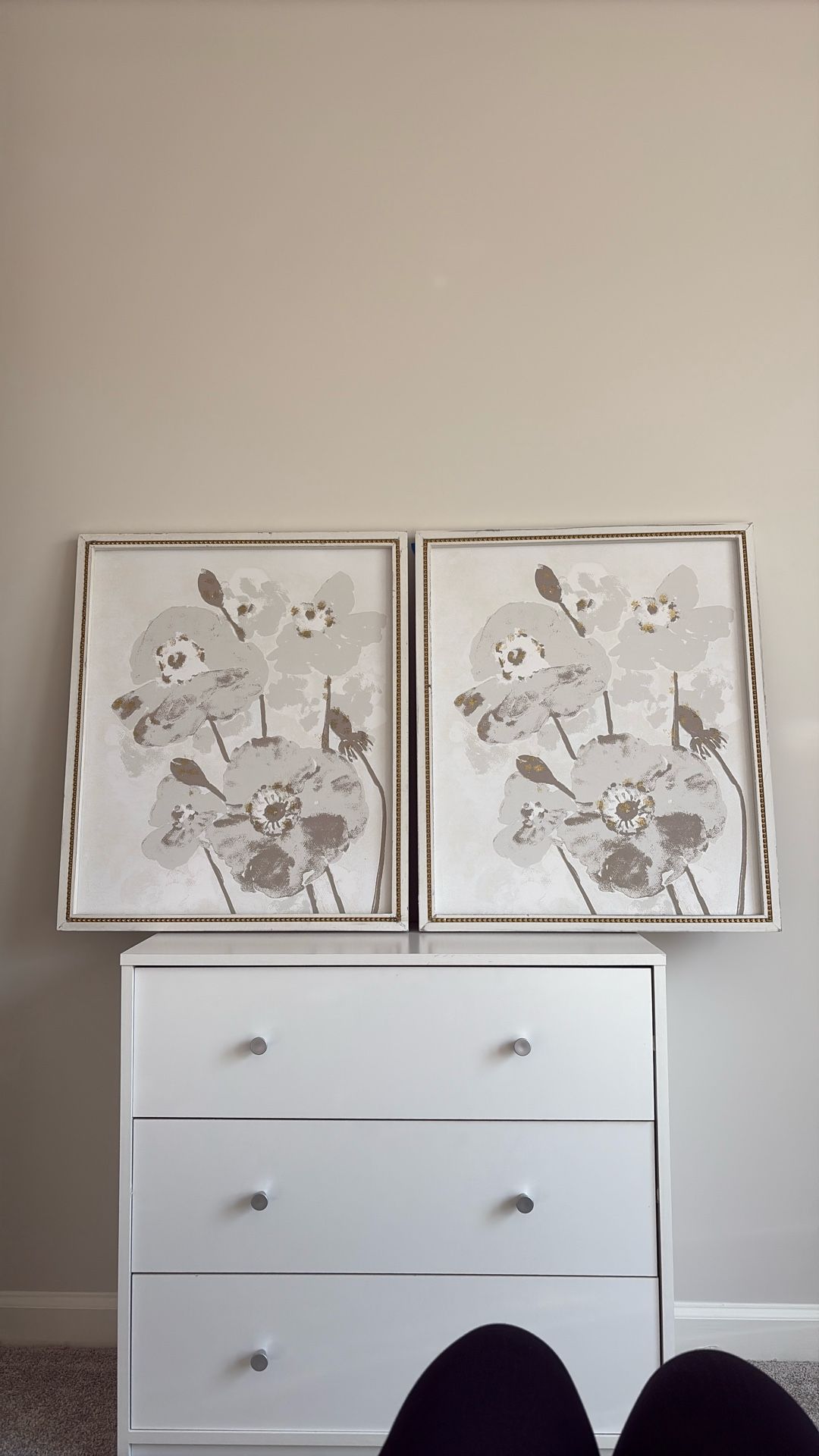 Two Grey And White Floral Paintings
