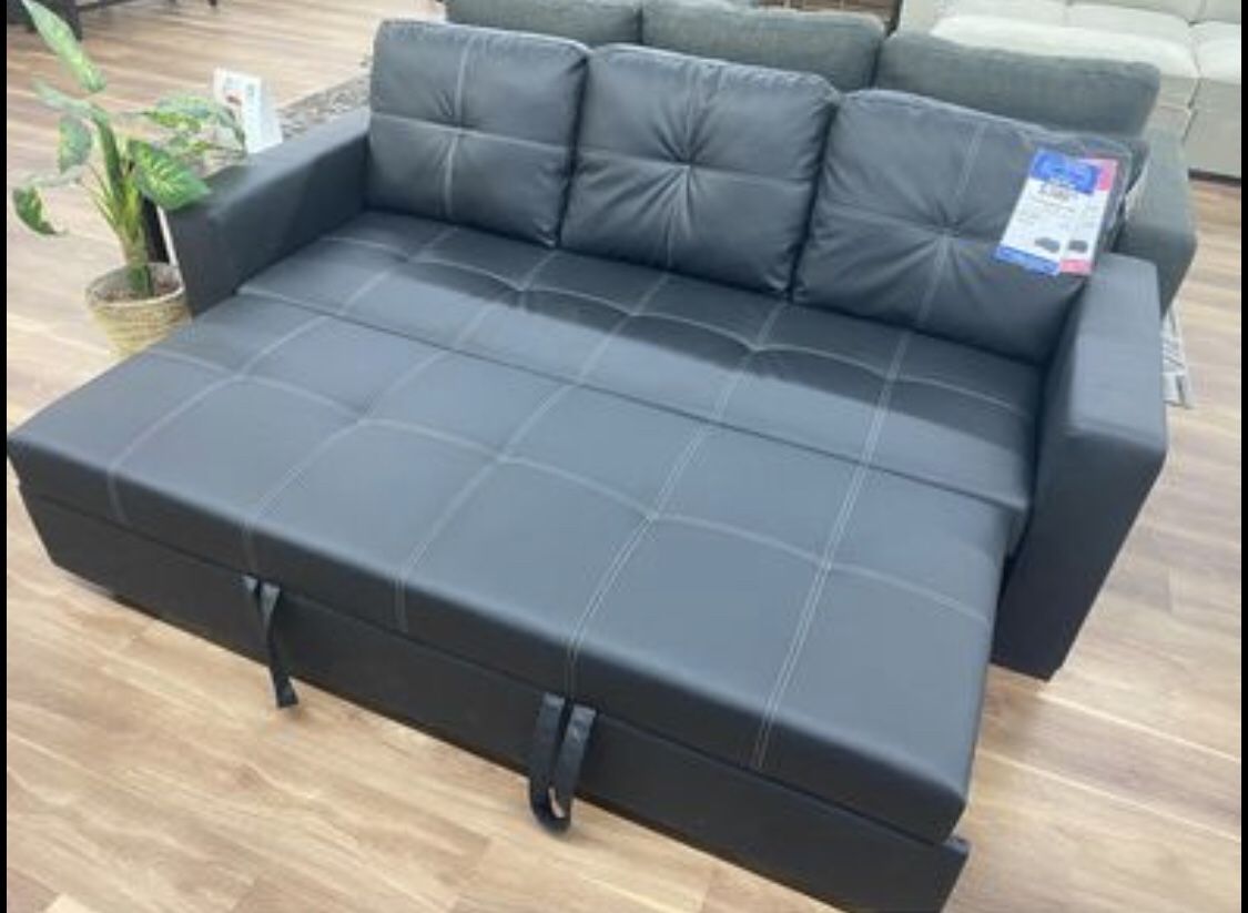 New Black Faux Leather Sofa Couch With Pull Out Bed