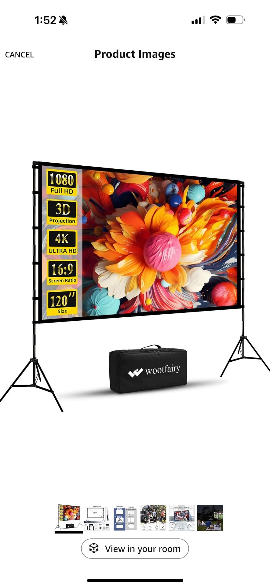 Projector Screen and Stand, Wootfairy 120 inch Foldable and Portable Projection Screen 16:9 4K HD