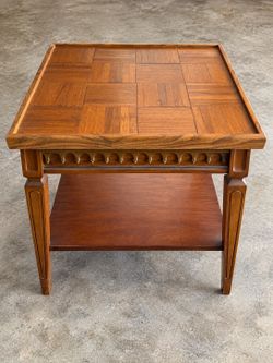 Vintage Wood Parquet Top End Table with Lower Shelf
