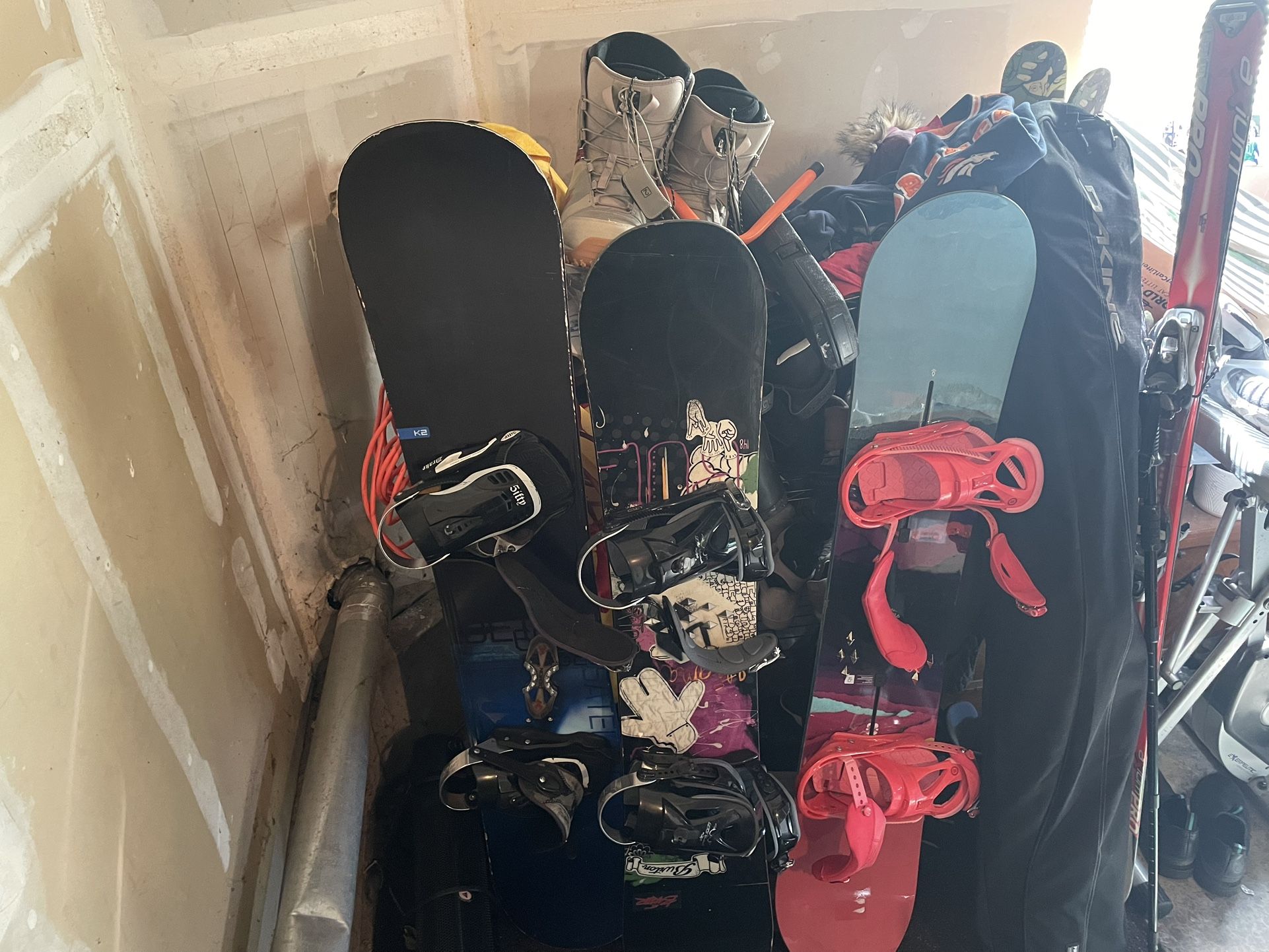 Snowboards, Skis, Boots, Helmet, Goggles