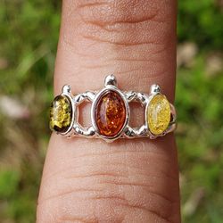 Sterling Silver Amber Ring Size 6