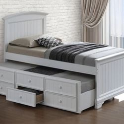 Brand New White Twin Size Bed Frame w Trundle Bed + Drawers 