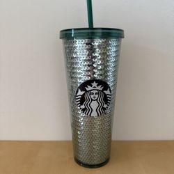 Starbucks 24 oz Silver/Green Sequin Shiny Iridescent Cold Cup Tumbler