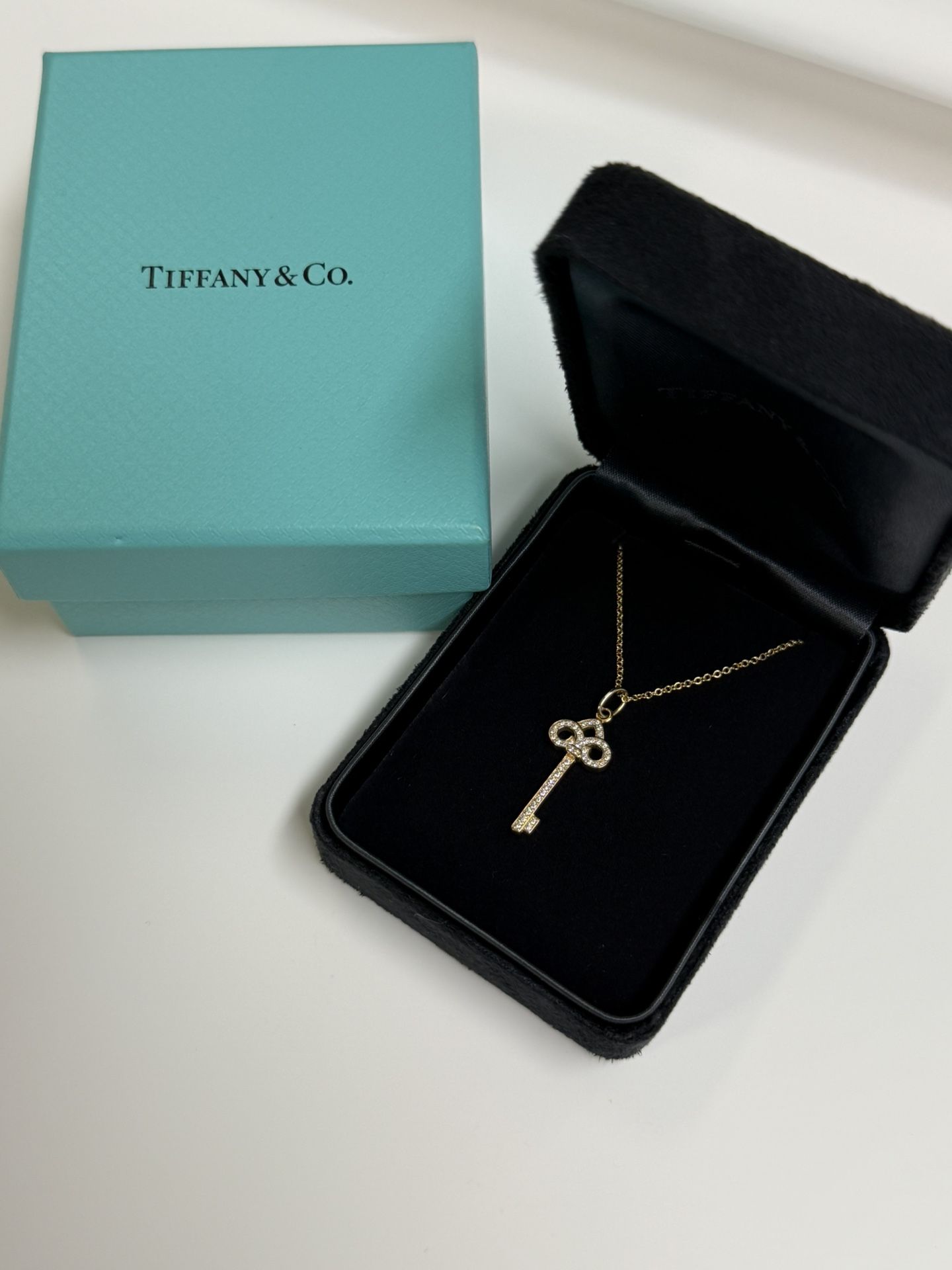 Tiffany & Co Fleur de Lis Key Diamond 18k Gold Pendant and Necklace 16”