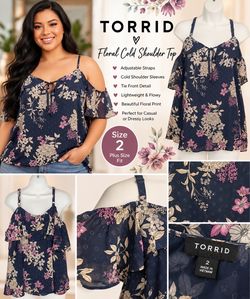 Torrid Floral Cold Shoulder Tie Front Blouse Top Size 2 Plus home smoke free and pet Length 28” armpit to armpit 22” sleeve 10”