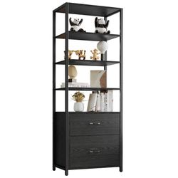 Industrial Bookcase with File Cabinet Drawers, black 71.6 In Tall Bookshelf 5 Tier, Freestanding Storage Home Office Cabinet Organizer, Rustic Home D