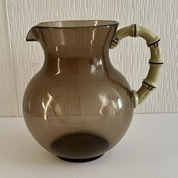 Vintage MCM Clear Brown 8.25” Large Plastic Pitcher With Bamboo Handle