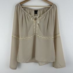 MILANO Vintage 90s Creme Beige Coquette Lace Wide Sleeve Semi Sheer Flowy Blouse