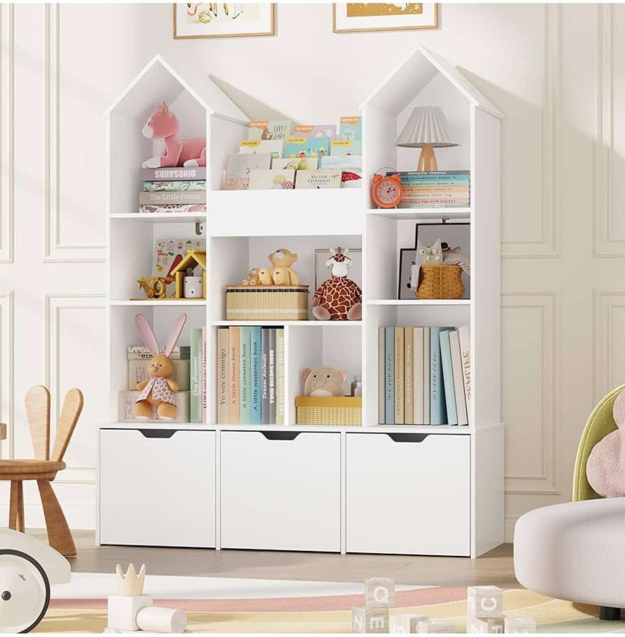 Toy Storage Organizer with Castle Roof, Large Kids Bookshelf Dollhouse with 3 Movable Drawers and 9 Storage Cubbies, Toy Organizers with 3-Tier Book R