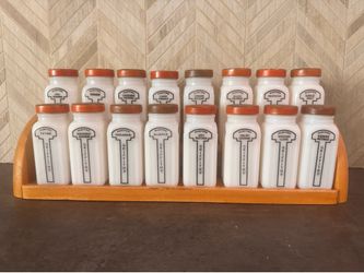 Vintage Griffith’s Milk Glass Spice Rack Set – Complete 16 Original Jars w/ Wood Rack – 1940s/50s