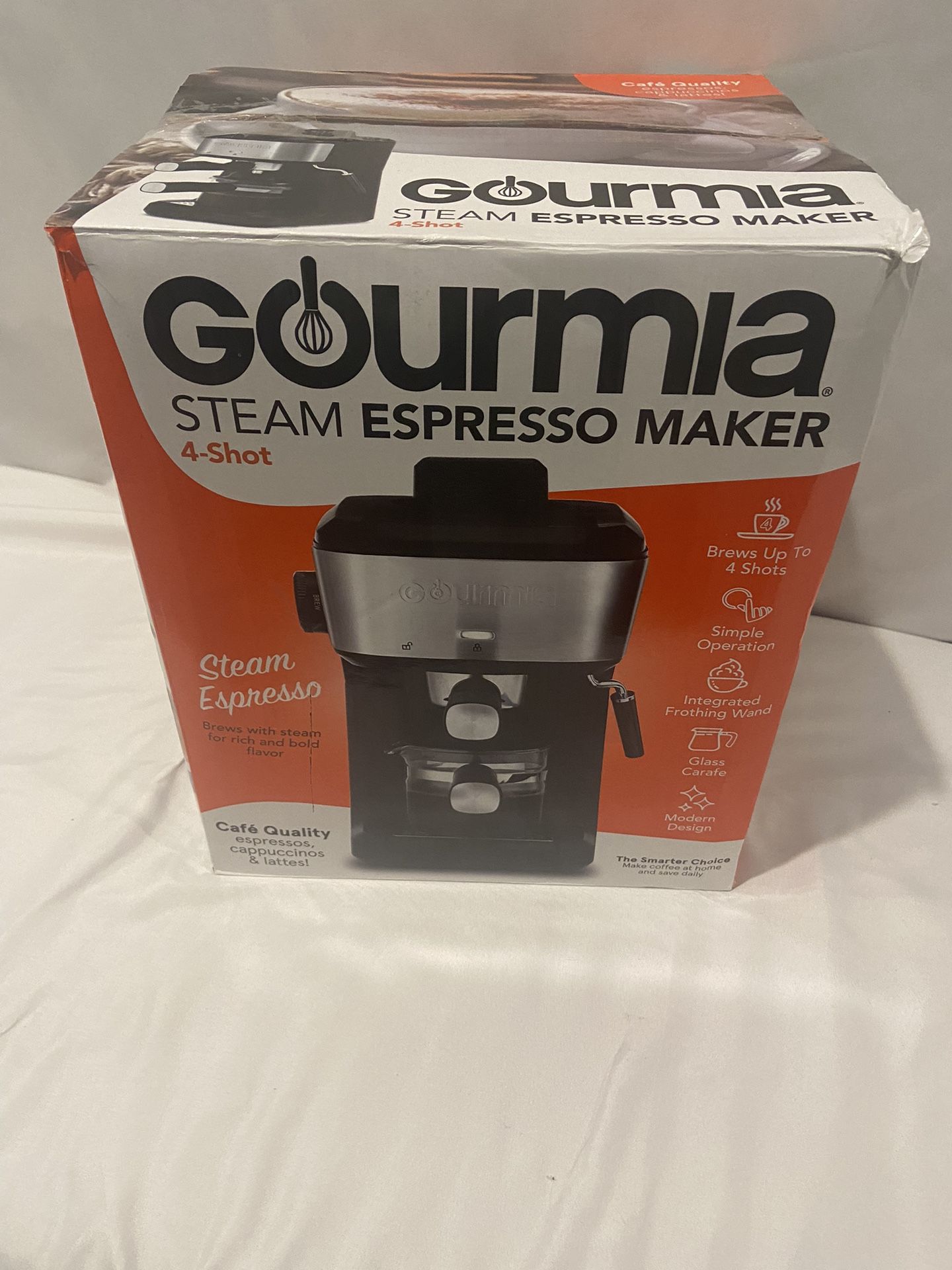 Gourmia 4 Shot Steam Espresso Maker Black Silver with Glass Carafe