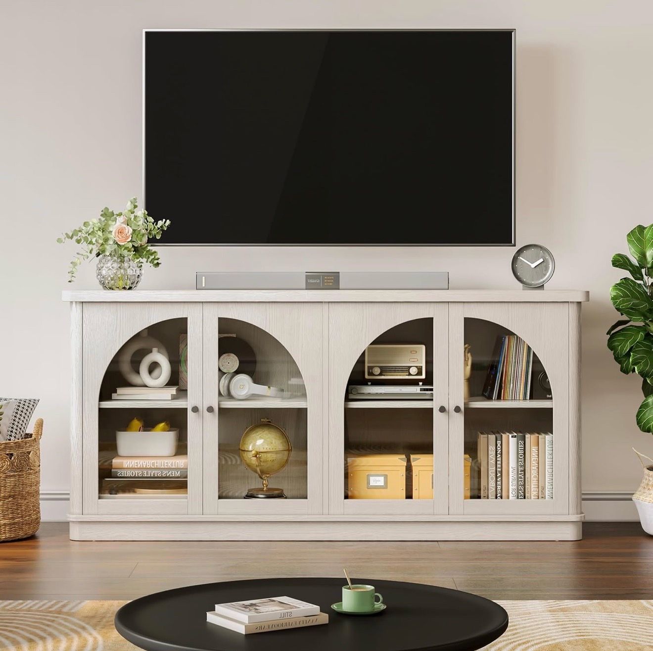 63 Inch Sideboard Buffet Cabinet, Modern Arched Buffet with Glass Doors, Large Curved Cabinets with Storage, Console Credenza w/Adjustable Shelves for