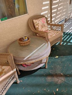 RATTAN PATIO SET , 2 CHAIRS WITH CUSHIONS