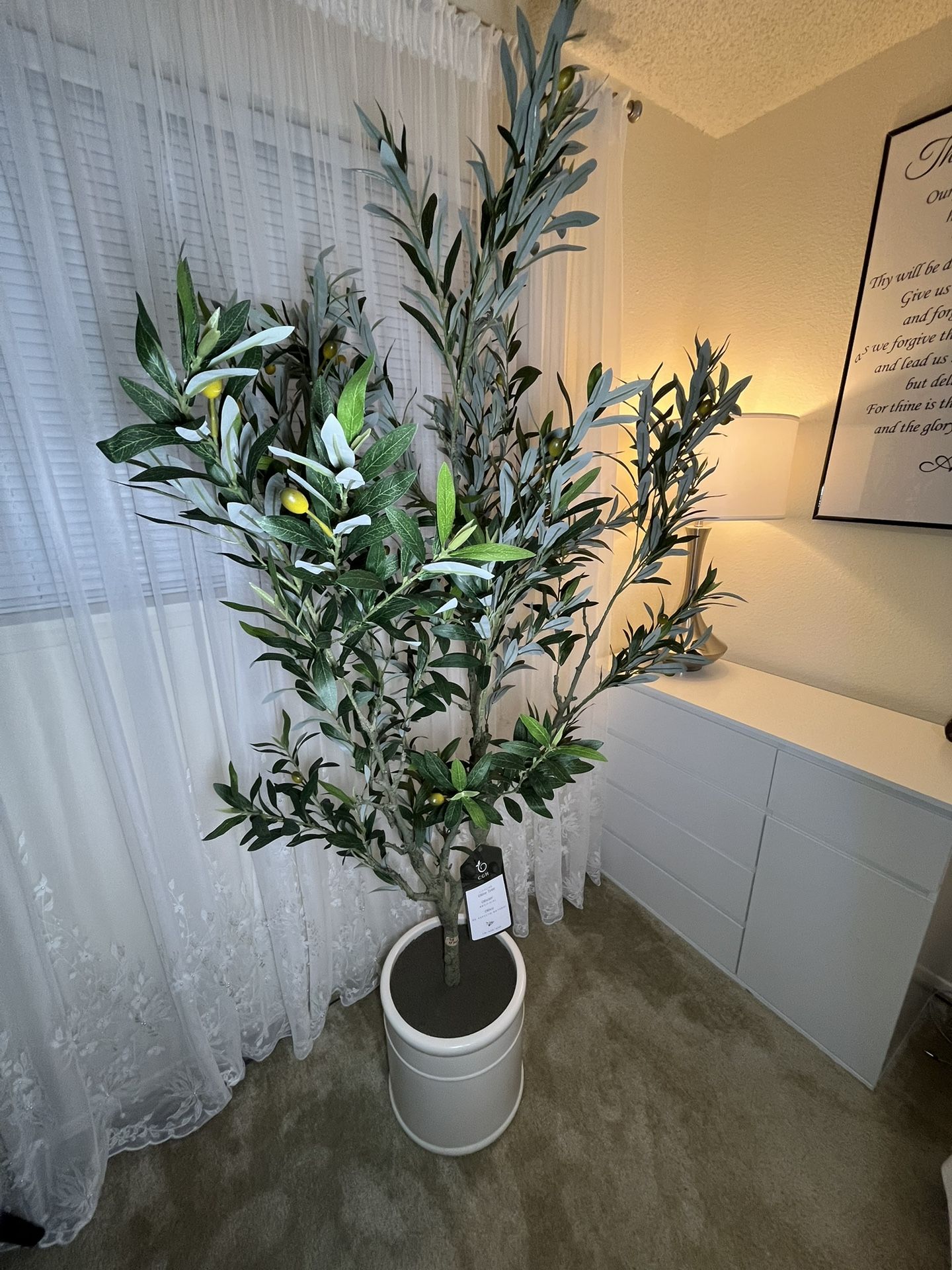 New Artificial 6.5’ Olive Tree with French Planter. Box was damaged so tree is assembled.