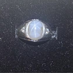 Vintage 14k White Gold Oval Cabochon Star Sapphire Burnish Diamond Band Ring