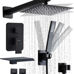 10 inch Matte Black Shower System with Tub Spout, Shower Faucet Set with Rain Shower Head and Handheld 3-Setting, Waterfall Bathtub Spout Rainfall Sho