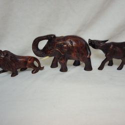 VINTAGE HAND CARVED WATER BUFFALO, ELEPHANT & LION 