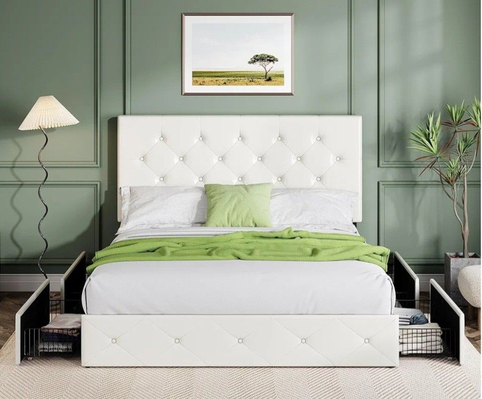Allewie Upholstered Queen Size Platform Bed Frame with 4 Storage Drawers and Headboard, Square Stitched Button Tufted, Mattress Foundation with Wooden