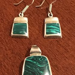 New Sterling Silver And Malachite, Pendant And Earring Set   