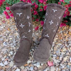 Roxy Igloo Boots Women's 8 Brown Suede Faux Fur Embroidered Sequins Y2K Winter Snow