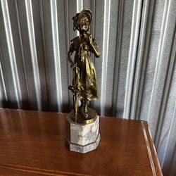 Antique Hans Keck Bronze Statue "Dutch Girl" with Marble Base and Umbrella