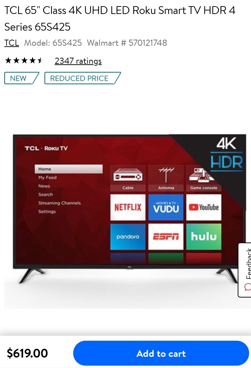 TCL 65" 4k UHD HDR LED TV